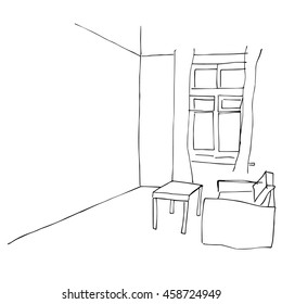 Interior design of the living room with window, tea table, sofa, curtains. Black and white vector illustration in doodle style