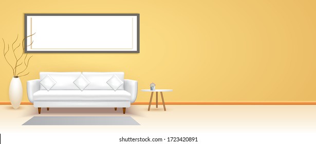 Interior design living room yellow. Realistic wooden square table with gold lamp. Vector illustration.