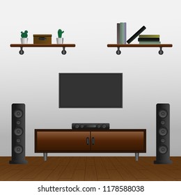 Interior Design Loft House. T.V. Wall Hanger Black Home Theater Cactus and book on the shelves. 