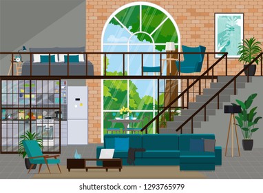 Interior design in loft style with a big window. Studio apartment