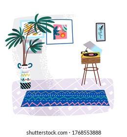 Interior design of lounge room. Yoga mat, turntable for vinyl record, paintings pictures on wall, potted plants, home decor. Vector cute background illustration of cozy room in comfortable apartment