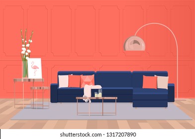 Interior design of a luxurious living room with a blue sofa against the background of a coral wall. Vector flat illumination.