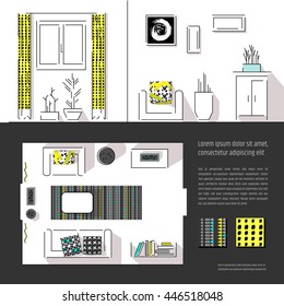Interior design magazine page layout / web site page template. Includes two views (floor plan and wall) and used pattern swatches. Living room furniture vector illustration. 