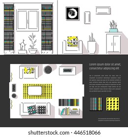 Interior design magazine page layout / web site page template. Includes two views (floor plan and wall) and used pattern swatches. Living room furniture vector illustration. 