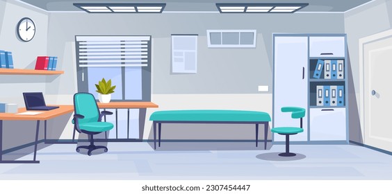 An interior design of a medical doctor's office. Empty physician cabinet in a hospital. Healthcare practitioner's workplace with furniture and work equipment. Cartoon vector illustration.