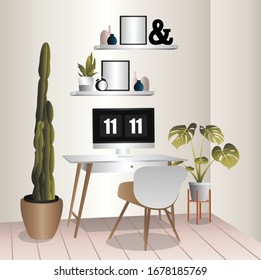 Diseño interior Fondo mínimo moderno del espacio de trabajo , vector, ilustración. 