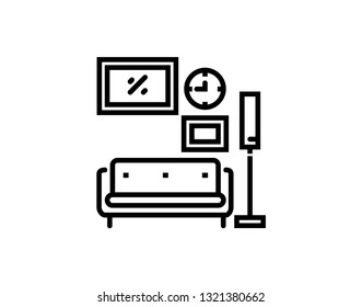 Interior design, minimalism living room, set of furniture, tidy apartment, vector mono line icon collection - Vector 