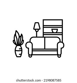 Interior design, minimalism living room, set of furniture, tidy apartment, vector mono line icon collection