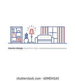 Interior Design, Minimalism Living Room, Set Of Furniture, Tidy Apartment, Vector Mono Line Icon Collection