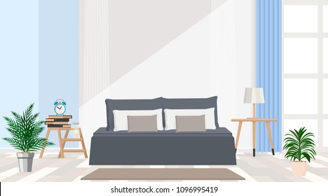 El diseño interior de los modernos apartamentos en tonos gris-azul. Gran cama king size, flores, despertador, libros, lámpara, ventana. Ilustración plana vectorial.