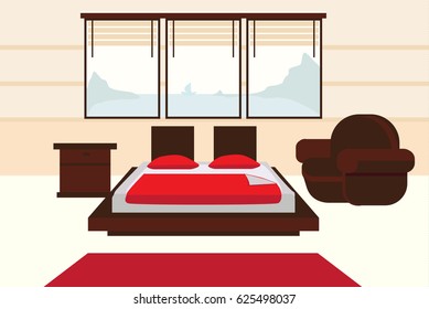 Interior Design. Modern bedroom with a large bed. Mountain landscape from the window of the room. Hotel number. Vector illustration.