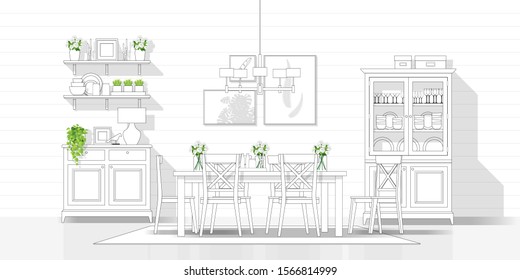 Interior design with modern dining room in black line sketch on white background , vector , illustration