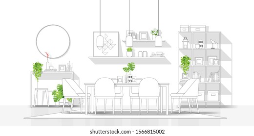 Interior design with modern dining room in black line sketch on white background , vector , illustration