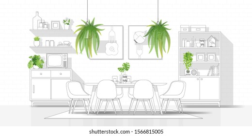 Interior design with modern dining room in black line sketch on white background , vector , illustration