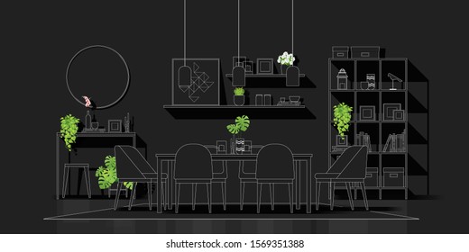 Interior design with modern dining room in white line sketch on black background , vector , illustration