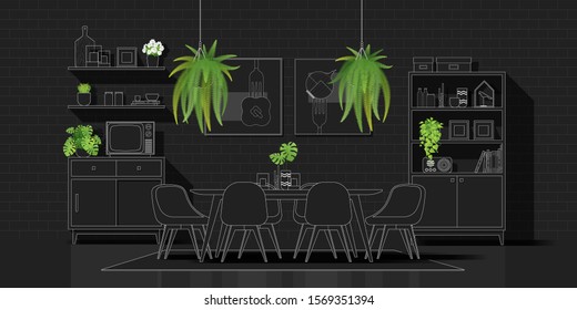 Interior design with modern dining room in white line sketch on black background , vector , illustration