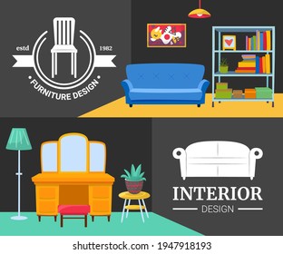 Interior design with modern furniture, shop logo set, vector illustration. Advertising banner with home background, house decoration.