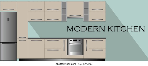Interior design with modern kitchen in beige sketch color isolated on a blue background, vector, illustration. Ready flyer, flyer for kitchen furniture salon.