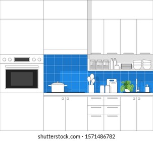 Interior design with modern kitchen in black line sketch on colorful background , vector , illustration