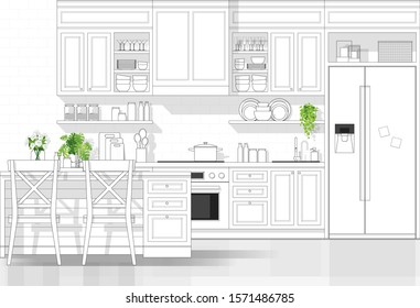 Interior design with modern kitchen in black line sketch on white background , vector , illustration