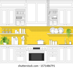 Interior design with modern kitchen in black line sketch on colorful background , vector , illustration