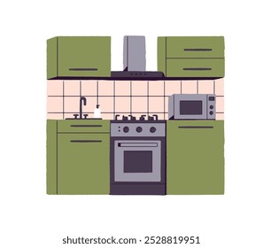 Diseño interior de cocina moderna. Espacio para cocinar con muebles. Decoración del hogar: armarios, fregadero, microondas, cocina de gas y horno, cocina. Ilustración vectorial aislada plana sobre fondo blanco