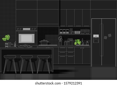 Interior design with modern kitchen in white line sketch on black background , vector , illustration