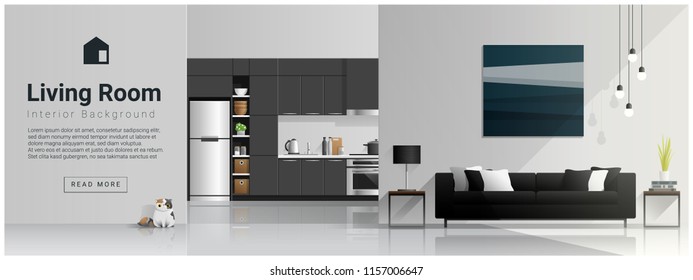 Interior design with modern living room and kitchen background , vector , illustration