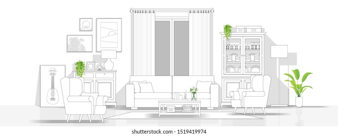 Interior Design With Modern Living Room In Black Line Sketch On White Background , Vector , Illustration
