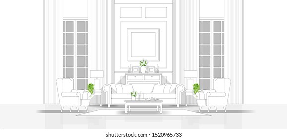 Interior design with modern living room in black line sketch on white background, vector illustration