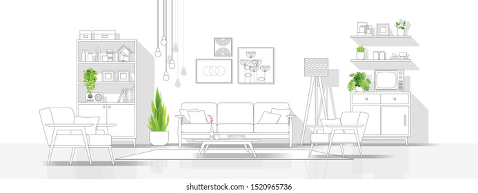 Interior Design With Modern Living Room In Black Line Sketch On White Background, Vector Illustration