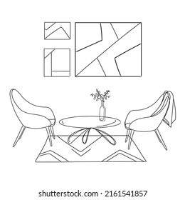 Interior design with modern living room two armchairs and a table in black line sketch on white background, vector illustration.Minimal art furniture design