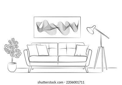 Interior design with modern living room in black sketch line on white background, vector, illustration