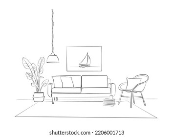 Interior design with modern living room in black sketch line on white background, vector, illustration