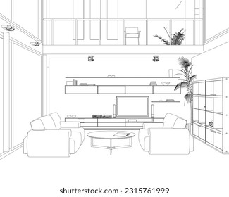 Interieur-Design mit modernem Wohnzimmer in schwarz Linie auf weißem Hintergrund, Vektorgrafik. Wohnzimmerinnenumriss. Möbel im Linienstil: Sofa, Regal, TV-Regal, Blumenkohl. Vorderseite anzeigen.