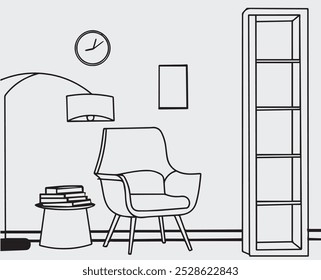 Diseño interior con sala de estar moderna en línea de croquis negro sobre fondo blanco. Dibujo de línea de sala de estar con muebles modernos de estilo editable. Línea de la sala de estar. Interior y muebles modernos.