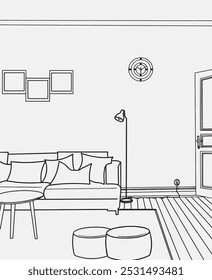 Diseño interior con sala de estar moderna en línea de croquis negro sobre fondo blanco. Dibujo de línea de sala de estar con muebles modernos de estilo editable. Línea de la sala de estar. Interior y muebles modernos.