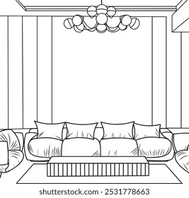 Interior design with modern living room in black sketch line on white background. Living room line. Modern interior and furniture. graphic black, white home interior sketch illustration vector. Doodle