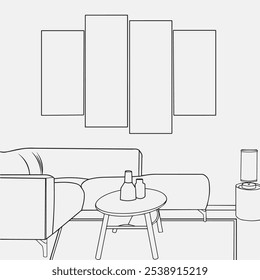 Interior design with modern living room in black sketch line on white background. Living room line. Modern interior and furniture. graphic black, white home interior sketch illustration vector. Doodle