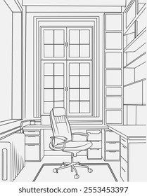 Interior design with modern living room in black sketch line on white background. Line drawing of Living room with modern furniture stroke. Living room line. Modern office interior decoration.