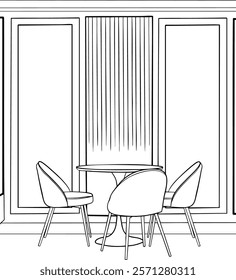 Interior design with modern living room in black sketch line on white background. Line drawing of Living room with modern furniture editable stroke. Living room line. Modern interior and furniture.