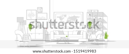 Interior design with modern living room in black line sketch on white background , vector , illustration