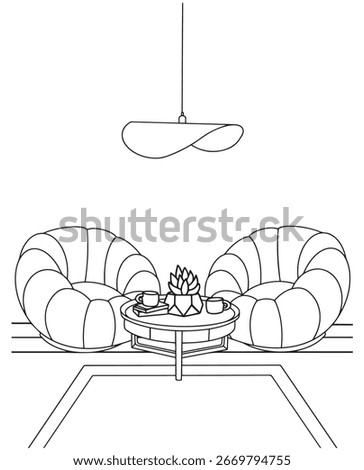 Interior design with modern living room in black sketch line on white background. Line drawing of Living room with modern furniture editable stroke. Interior design with modern living room.