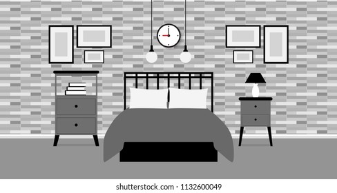 Interior design modern of loft bedroom with furniture, Vector illustration