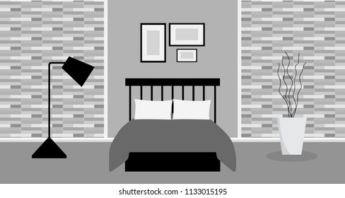 Interior design modern of loft bedroom with furniture, Vector illustration