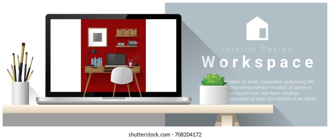 Interior design of modern office workplace , vector , illustration