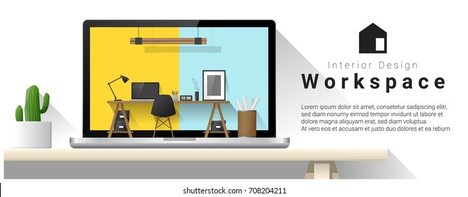 Interior design of modern office workplace , vector , illustration