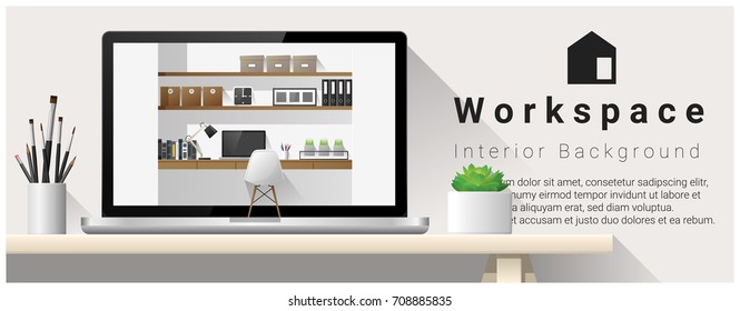 Interior design of modern office workplace , vector , illustration