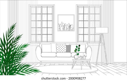 Decoración interior de una sala moderna con líneas de sketch negras sobre un fondo blanco.