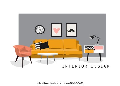 interior design modern vector illustration. living room furniture. trendy style.